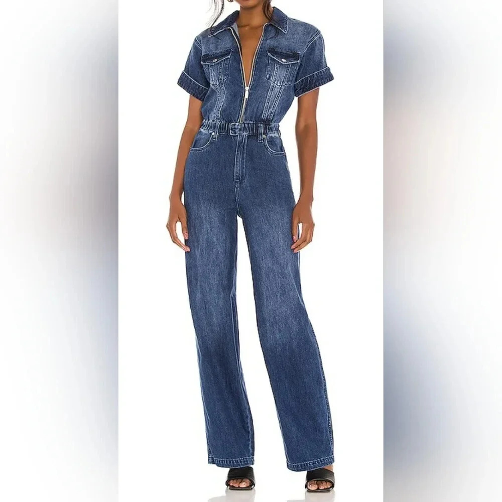 NWT WeWoreWhat Denim Flight Suit in Ludlow, Wide Leg, Zip Front, Size Medium.
